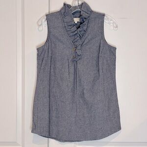 Mud Pie Blue Chambray Ruffle Neck Sleeveless Blouse Top S